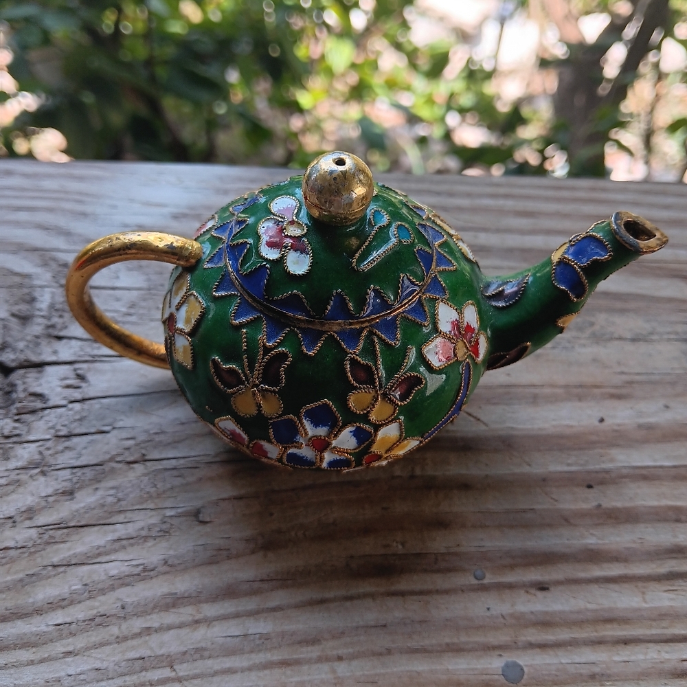 Green Vintage Chinese Miniature Cloisonne Brass Enamel Teapot